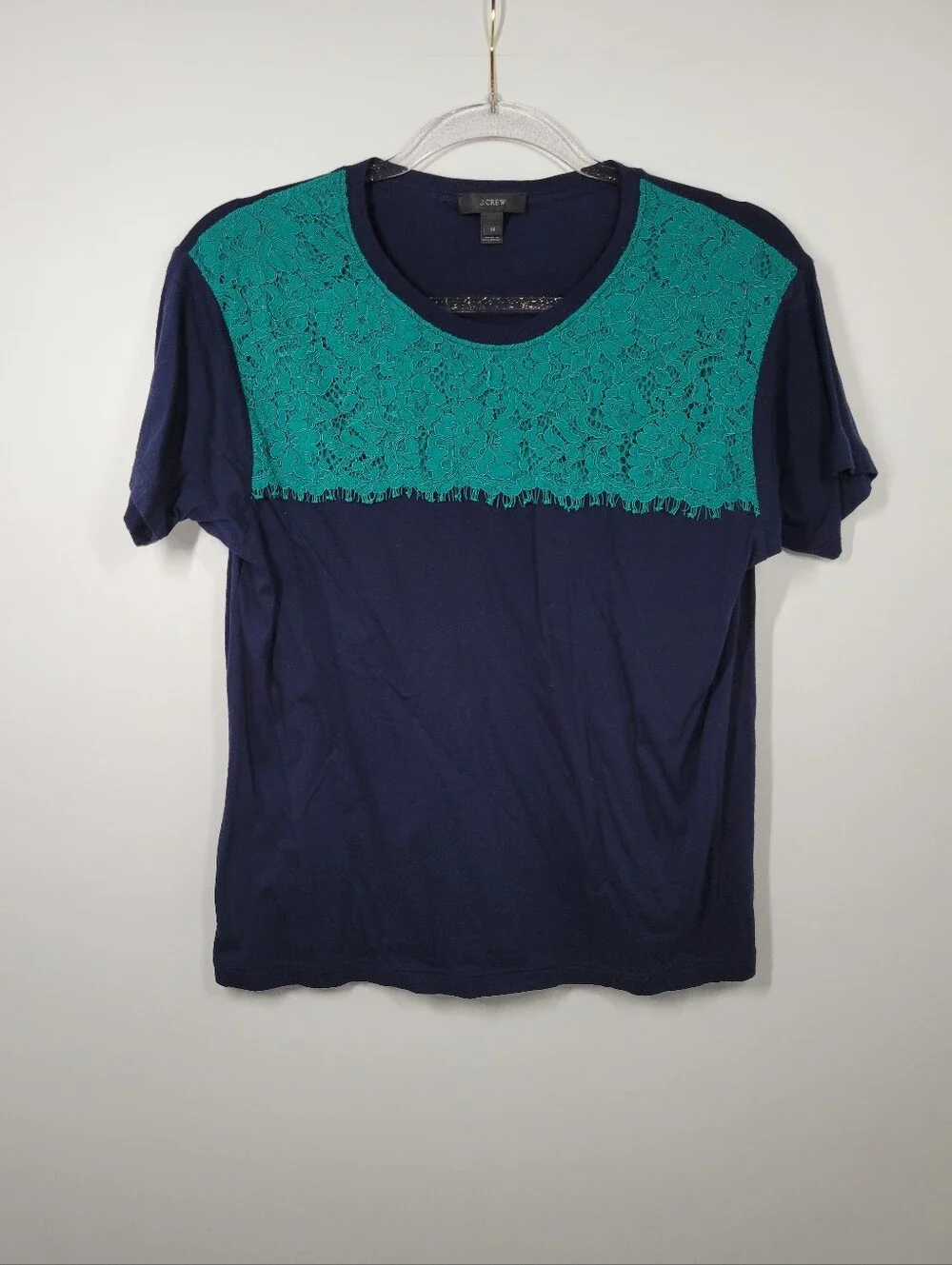 J Crew Navy Blue Teal Lace Cotton Short Sleeve Shirt Women Size Medium